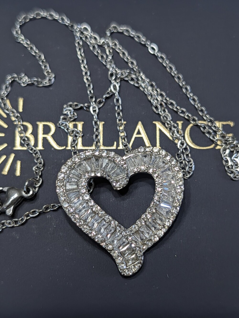Spectacular Silver Heart Diamond Simulant Emerald & Round Channel Set Necklace